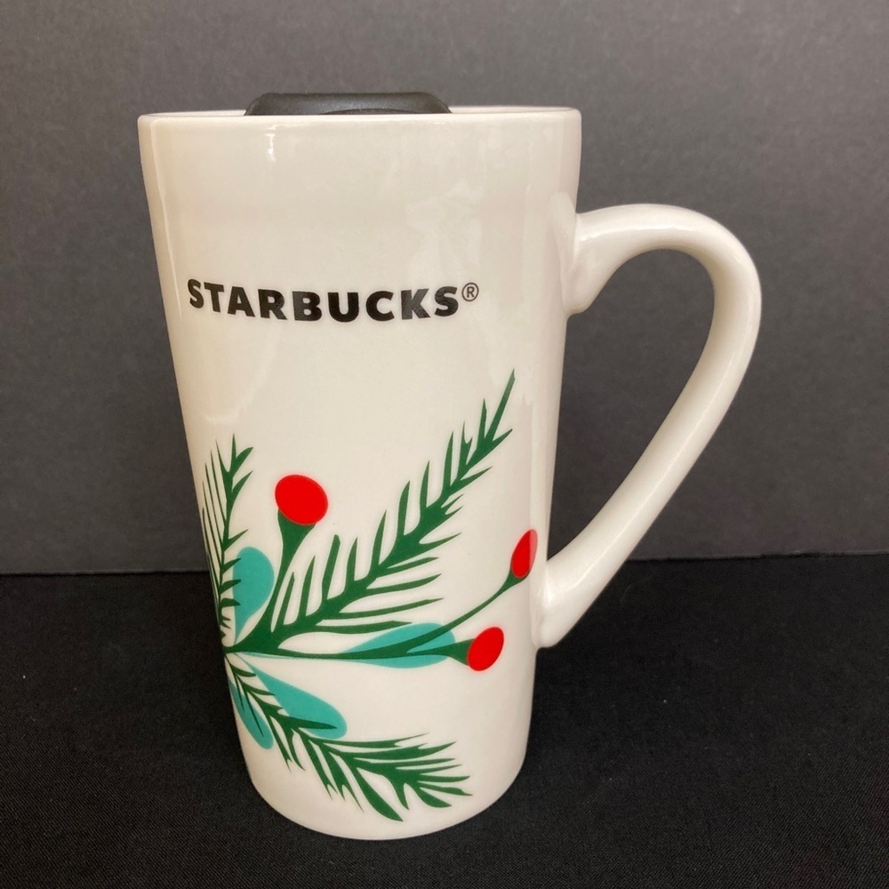 Starbucks Christmas Ceramic Coffee Tea Mug w/ Lid 2020 Evergreen & Berries 14 oz